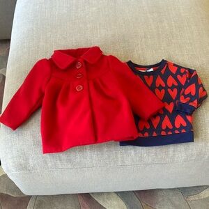 Old Navy Red Pea Coat and Navy Heart Sweatshirt